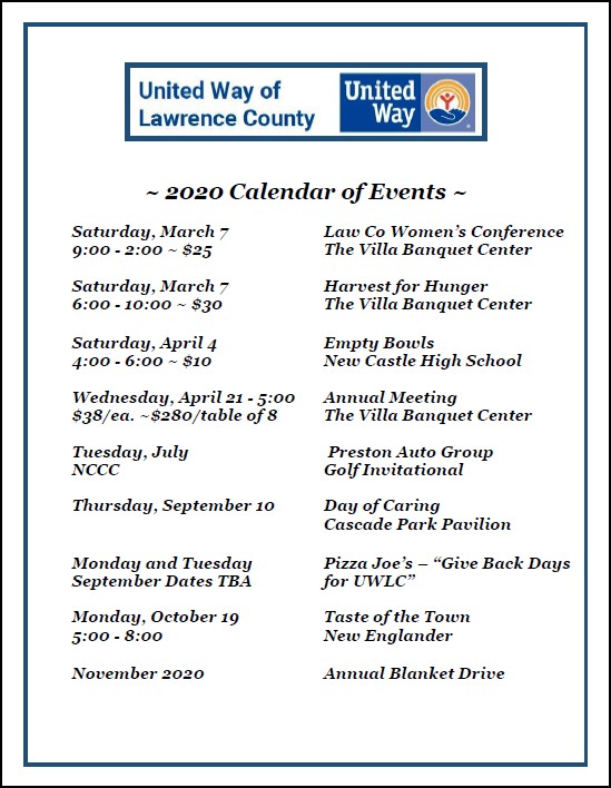 Calendar of Events United Way of Lawrence County PA
