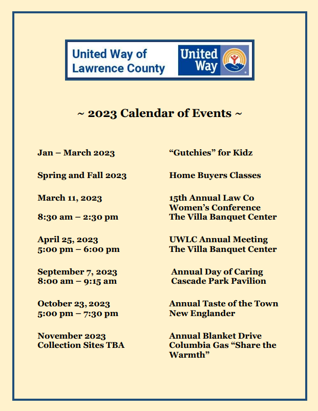 Calendar of Events | United Way of Lawrence County PA Calendar of Events | United Way of Lawrence County PA